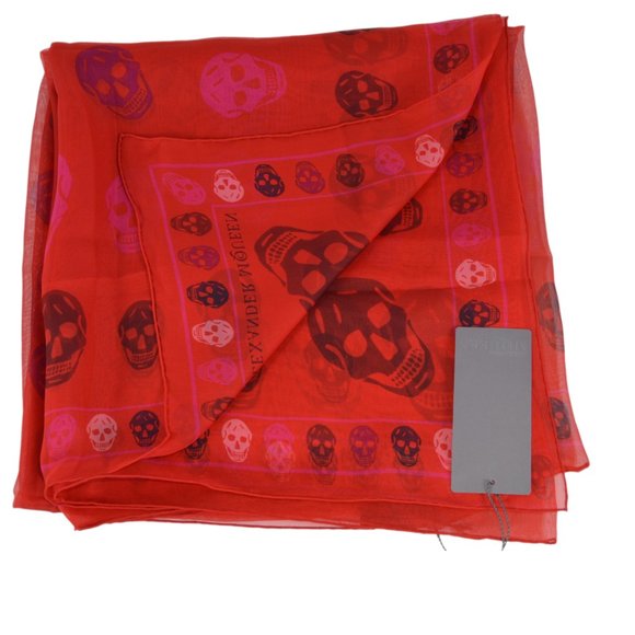 New Alexander McQueen Bordeaux Sienna Red Multi Skull Box Silk Chiffon Scarf